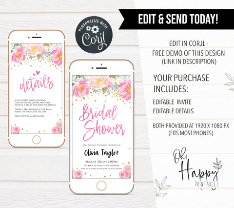 blush floral bridal shower invitation, mobile bridal shower invitation, editable bridal invite, corjl bridal shower invite