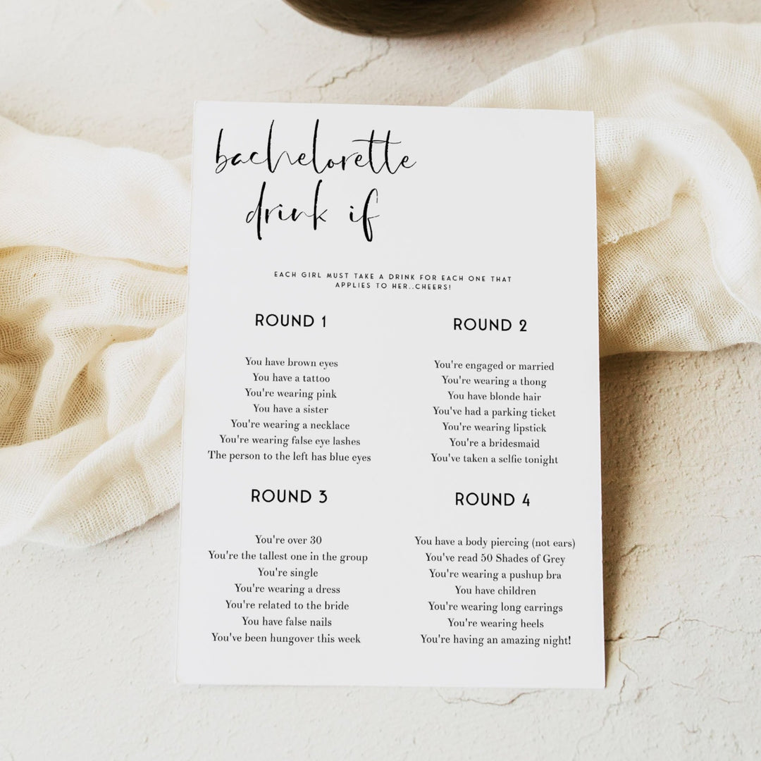 Fully editable and printable bachelorette drink if game with a modern minimalist design. Perfect for a modern simple bridal shower themed party