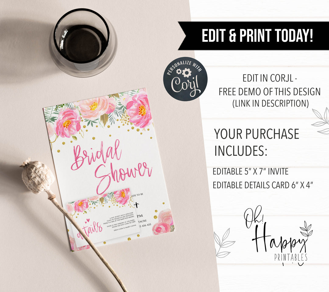 Floral Bridal Shower Editable Invite Template | Shop Bridal Shower –  OhHappyPrintables, image size:1080x959
