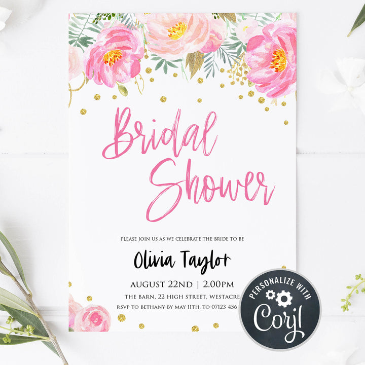 editable bridal shower invitation, bridal shower invite, blush gold bachelorette invitation, editable bridal shower invitations, corjl invite, bachelorette party invite, floral bridal invite