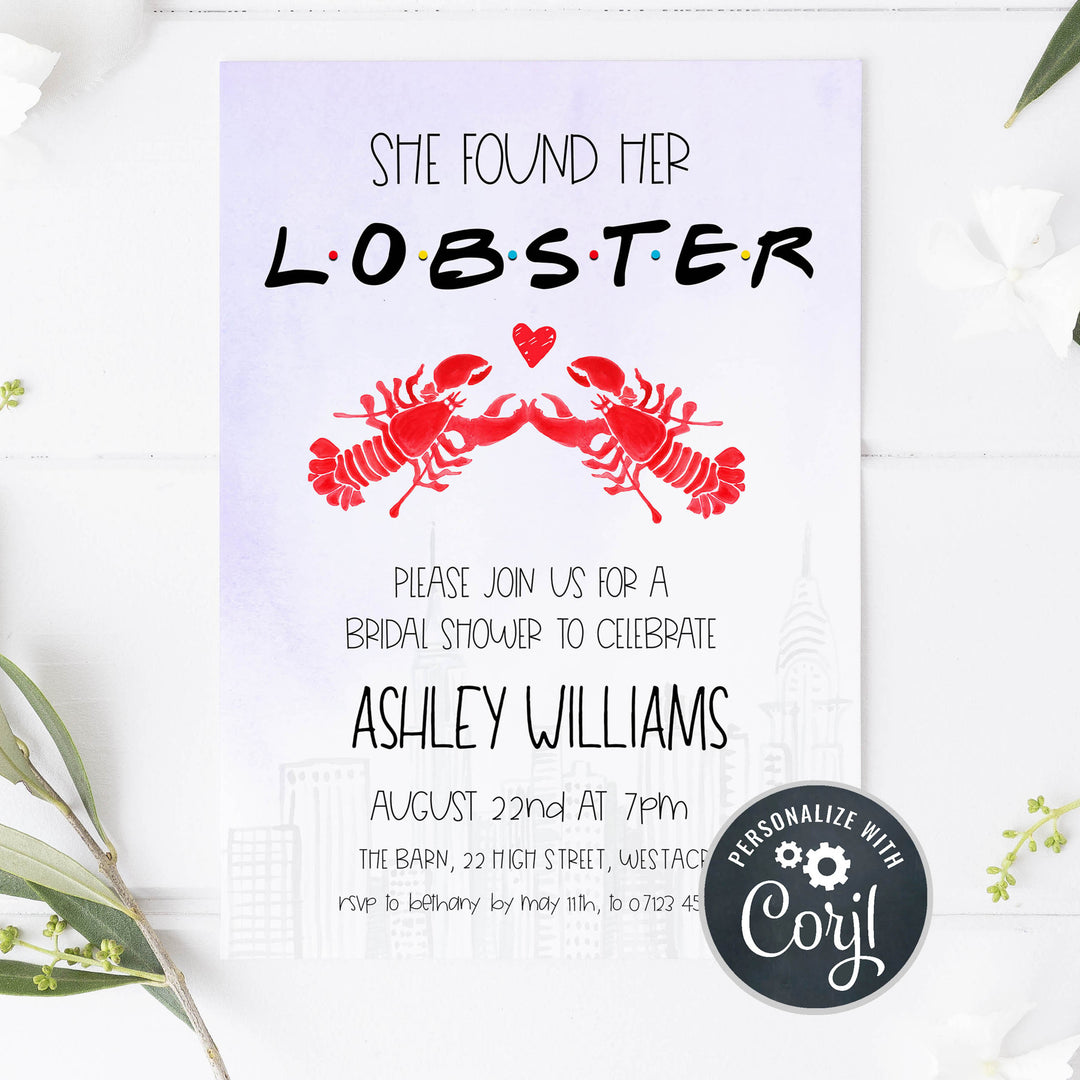 editable friends bridal shower invitations, printable friends bridal shower invitations, found her lobster friends bridal invitations