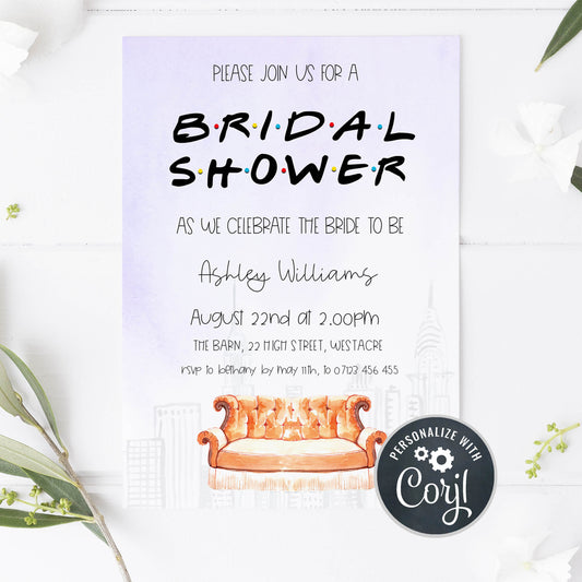 editable friends bridal shower invitation, printable bridal shower invitations, editable bridal shower invite, friends bridal shower theme