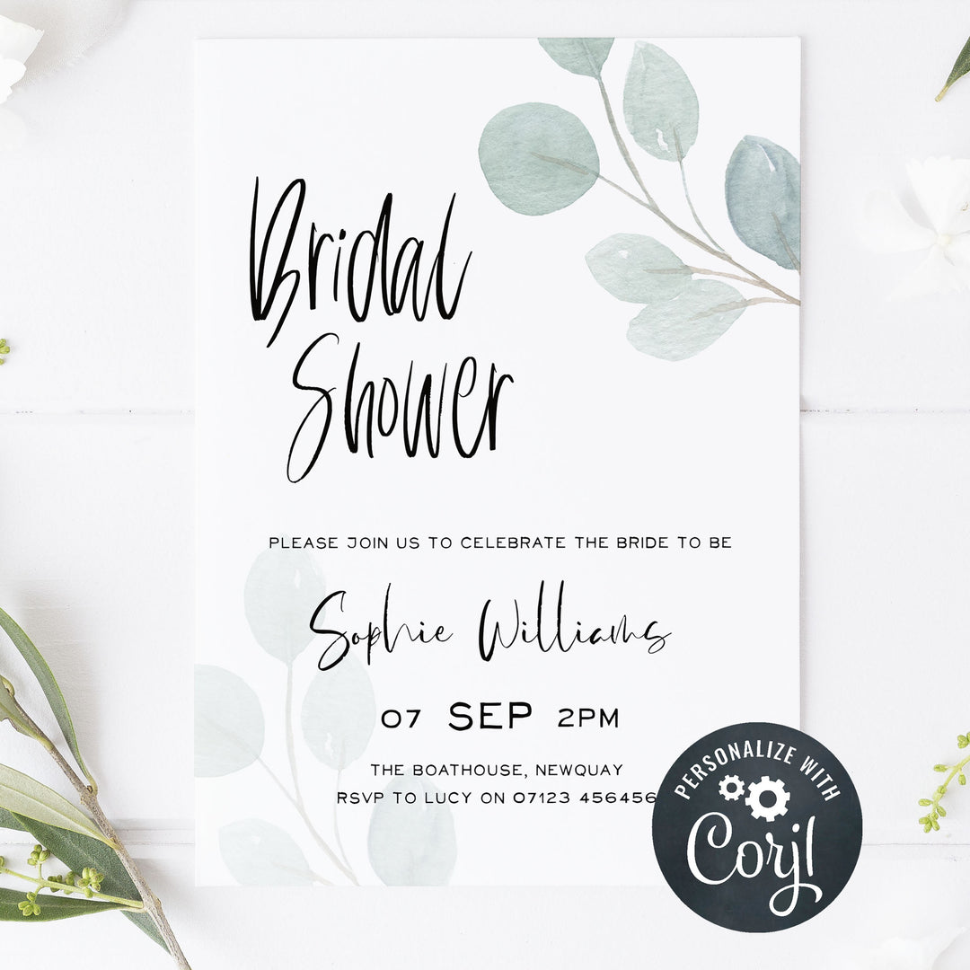 editable bridal shower invitations, printable bridal shower invitations, eucalyptus bridal shower, bachelorette invitations, hen party invites