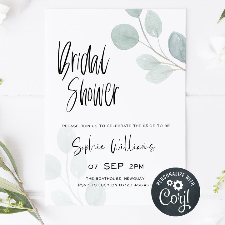 editable bridal shower invitations, printable bridal shower invitations, eucalyptus bridal shower, bachelorette invitations, hen party invites