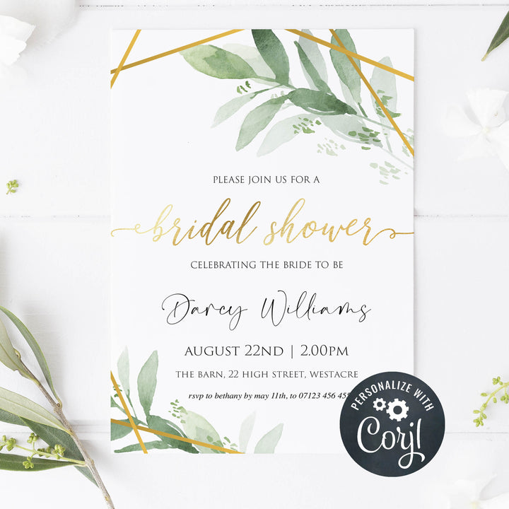 editable bridal shower invitations, printable bachelorette invitations, gold greenery bridal shower invites, greenery bridal shower ideas