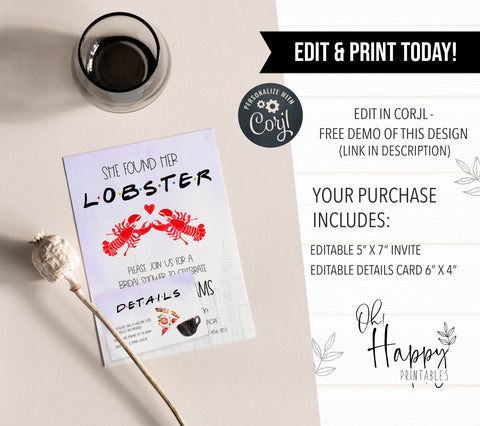 editable friends bridal shower invitations, printable friends bridal shower invitations, found her lobster friends bridal invitations