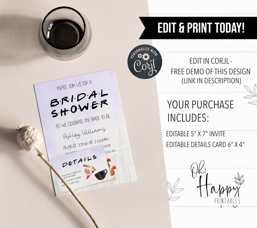 editable friends bridal shower invitation, printable bridal shower invitations, editable bridal shower invite, friends bridal shower theme