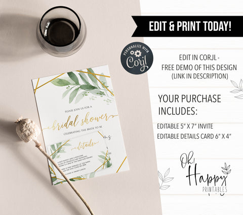 editable bridal shower invitations, printable bachelorette invitations, gold greenery bridal shower invites, greenery bridal shower ideas