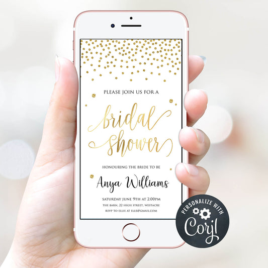 editable bridal shower invitation, gold bridal shower mobile invitation, cell phone bridal invite, gold bridal shower ideas