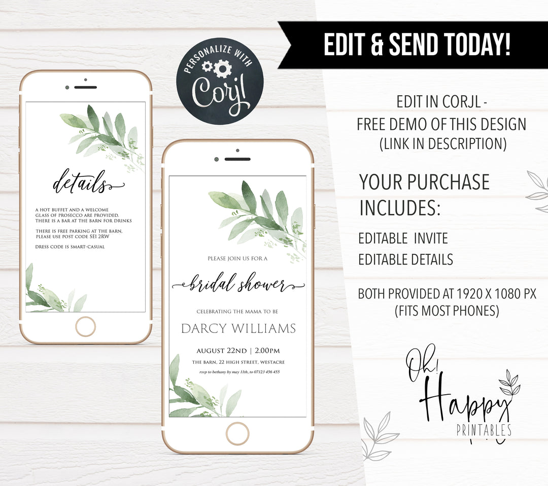 Bridal shower digital invitation, greenery bridal shower invite, mobile invites, editable bridal shower invite, corjl bridal invite, bachelorette party invite