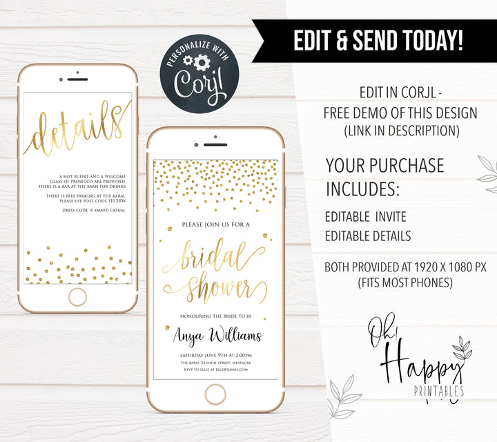 editable bridal shower invitation, gold bridal shower mobile invitation, cell phone bridal invite, gold bridal shower ideas