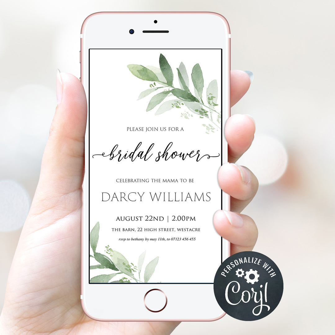 Bridal shower digital invitation, greenery bridal shower invite, mobile invites, editable bridal shower invite, corjl bridal invite, bachelorette party invite