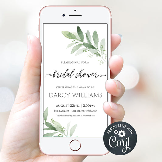 Bridal shower digital invitation, greenery bridal shower invite, mobile invites, editable bridal shower invite, corjl bridal invite, bachelorette party invite