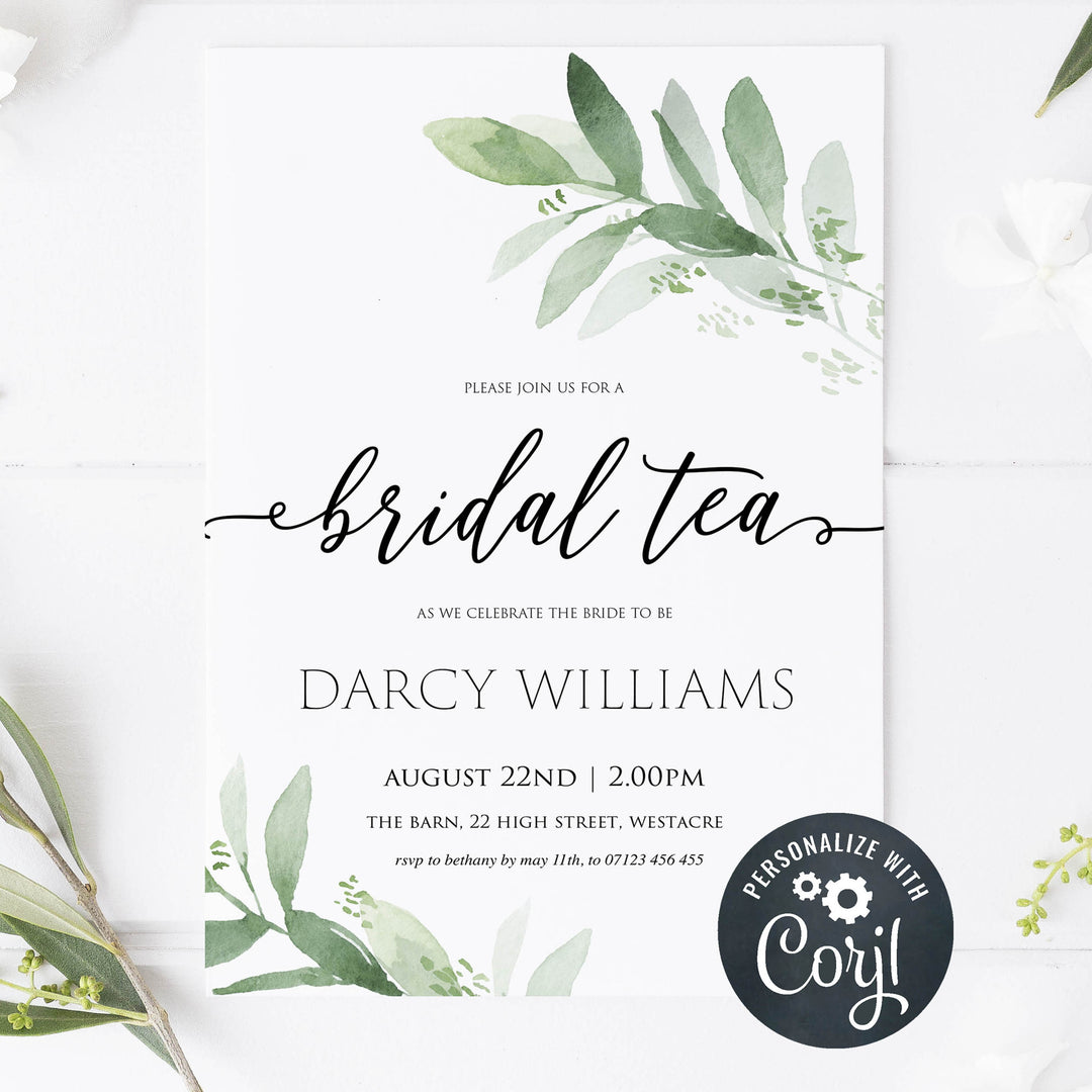 Editable bridal tea party invitation, bridal shower invite,  greenery bridal shower invite, mobile invites, editable bridal shower invite, corjl bridal invite, bachelorette party invite