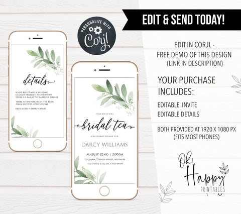 bridal tea party invite, greenery bridal shower invite, mobile invites, editable bridal shower invite, corjl bridal invite, bachelorette party invite