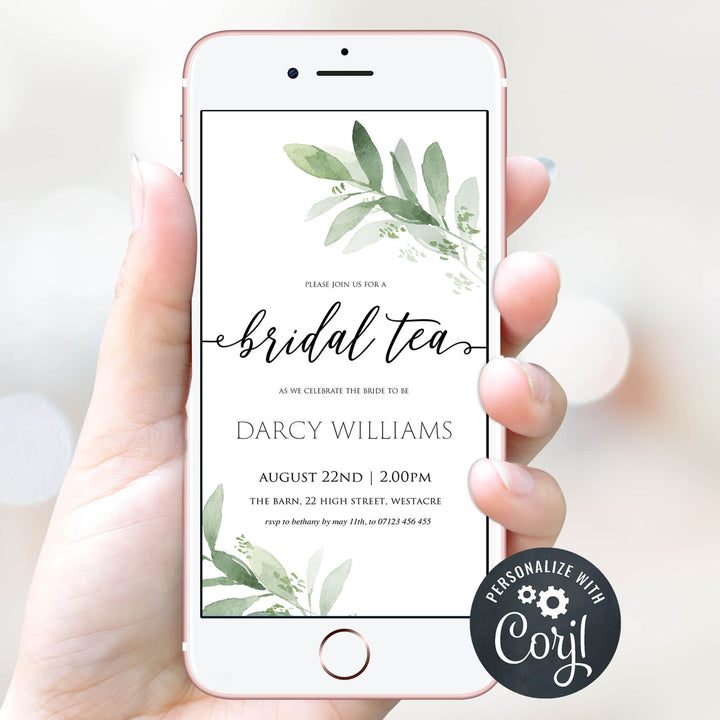 bridal tea party invite, greenery bridal shower invite, mobile invites, editable bridal shower invite, corjl bridal invite, bachelorette party invite
