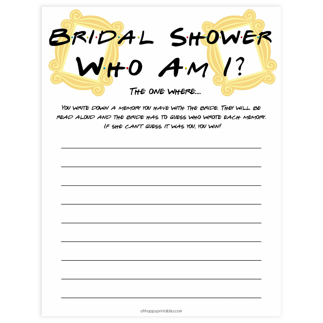 who am i bridal game, Printable bridal shower games, friends bridal shower, friends bridal shower games, fun bridal shower games, bridal shower game ideas, friends bridal shower