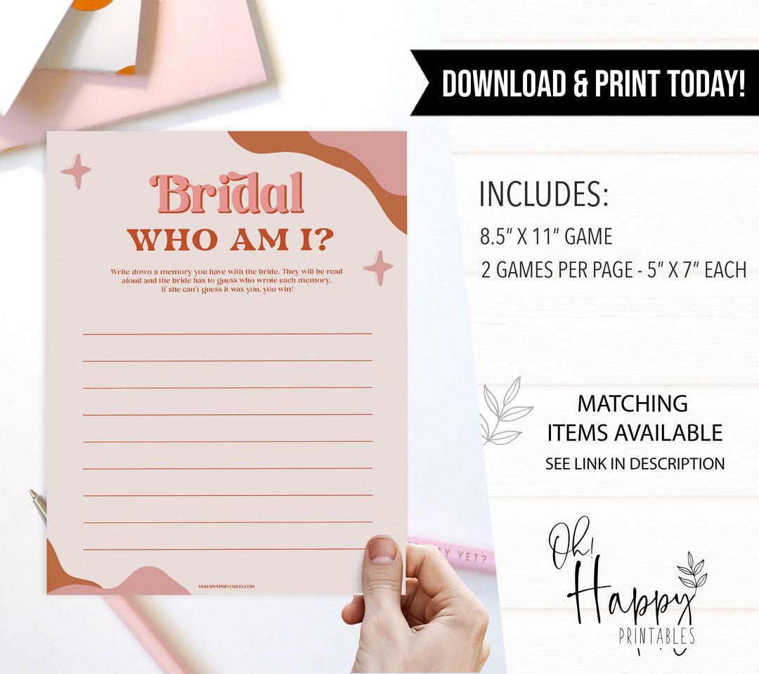 bridal who am I game, 70s retro bridal shower, retro bridal shower games, modern 70s bridal collection, 70s bridal shower, printable bridal games