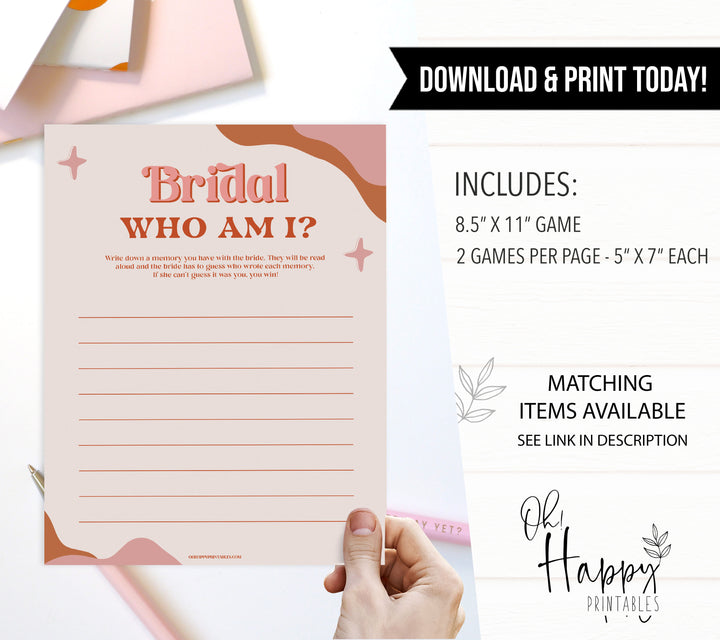 bridal who am I game, 70s retro bridal shower, retro bridal shower games, modern 70s bridal collection, 70s bridal shower, printable bridal games