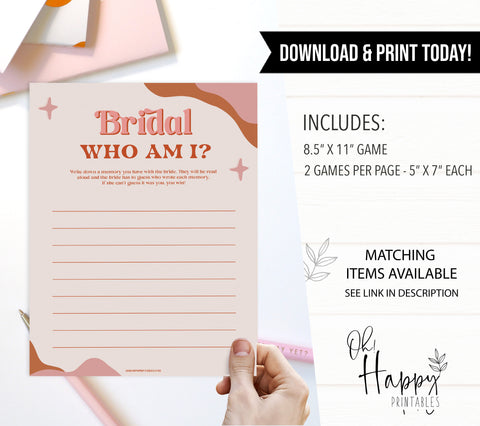 bridal who am I game, 70s retro bridal shower, retro bridal shower games, modern 70s bridal collection, 70s bridal shower, printable bridal games