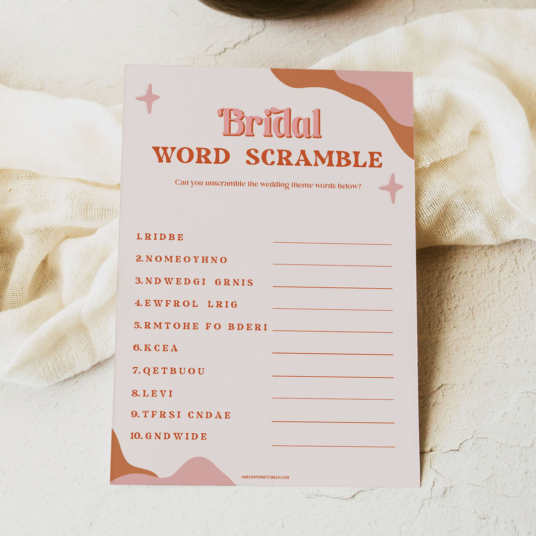 bridal shower word scramble game, 70s retro bridal shower, retro bridal shower games, modern 70s bridal collection, 70s bridal shower, printable bridal games