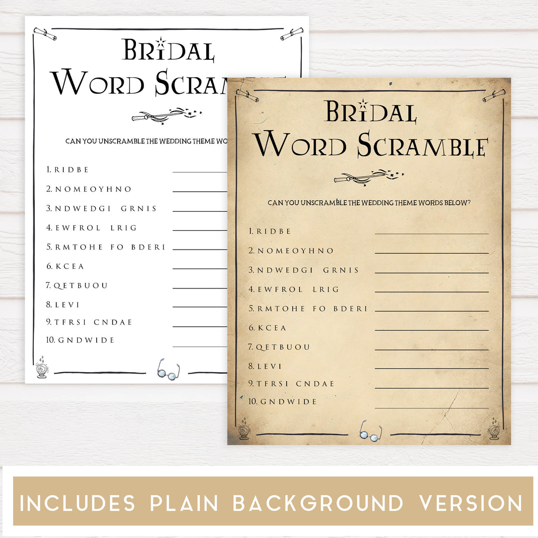 bridal word scramble, Printable bridal shower games, Harry potter bridal shower, Harry Potter bridal shower games, fun bridal shower games, bridal shower game ideas, Harry Potter bridal shower