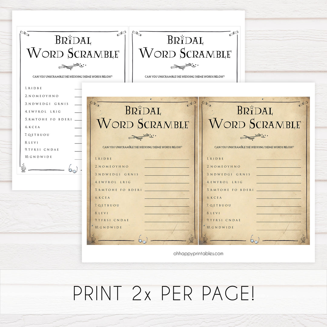 bridal word scramble, Printable bridal shower games, Harry potter bridal shower, Harry Potter bridal shower games, fun bridal shower games, bridal shower game ideas, Harry Potter bridal shower