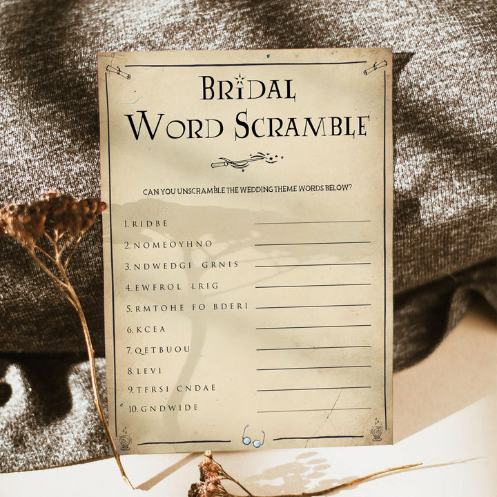 bridal word scramble, Printable bridal shower games, Harry potter bridal shower, Harry Potter bridal shower games, fun bridal shower games, bridal shower game ideas, Harry Potter bridal shower