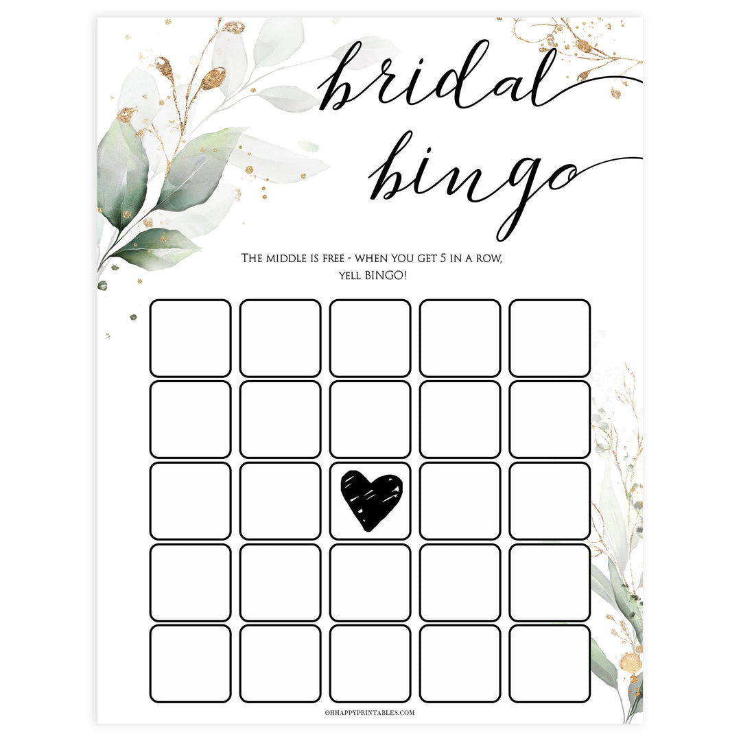 bridal bingo game, Printable bridal shower games, greenery bridal shower, gold leaf bridal shower games, fun bridal shower games, bridal shower game ideas, greenery bridal shower