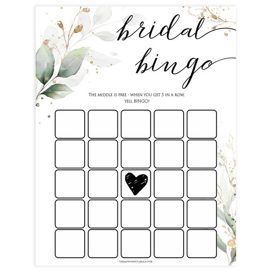 bridal bingo game, Printable bridal shower games, greenery bridal shower, gold leaf bridal shower games, fun bridal shower games, bridal shower game ideas, greenery bridal shower