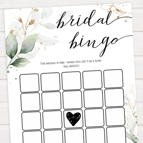 bridal bingo game, Printable bridal shower games, greenery bridal shower, gold leaf bridal shower games, fun bridal shower games, bridal shower game ideas, greenery bridal shower