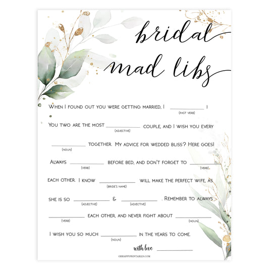 bridal madlibs, madlibs game, Printable bridal shower games, greenery bridal shower, gold leaf bridal shower games, fun bridal shower games, bridal shower game ideas, greenery bridal shower