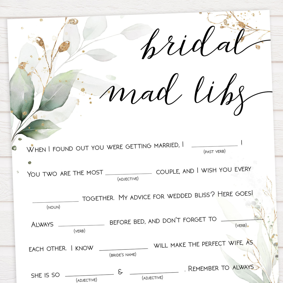 bridal madlibs, madlibs game, Printable bridal shower games, greenery bridal shower, gold leaf bridal shower games, fun bridal shower games, bridal shower game ideas, greenery bridal shower