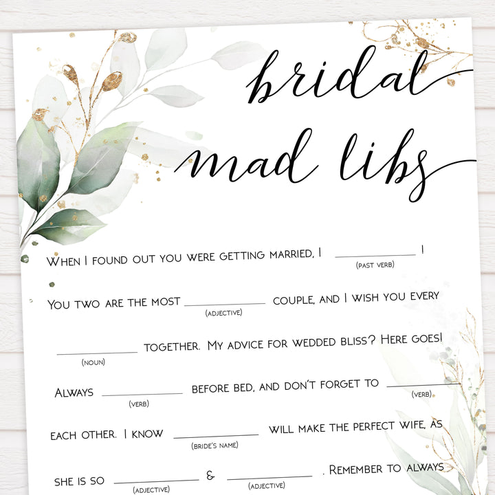 bridal madlibs, madlibs game, Printable bridal shower games, greenery bridal shower, gold leaf bridal shower games, fun bridal shower games, bridal shower game ideas, greenery bridal shower