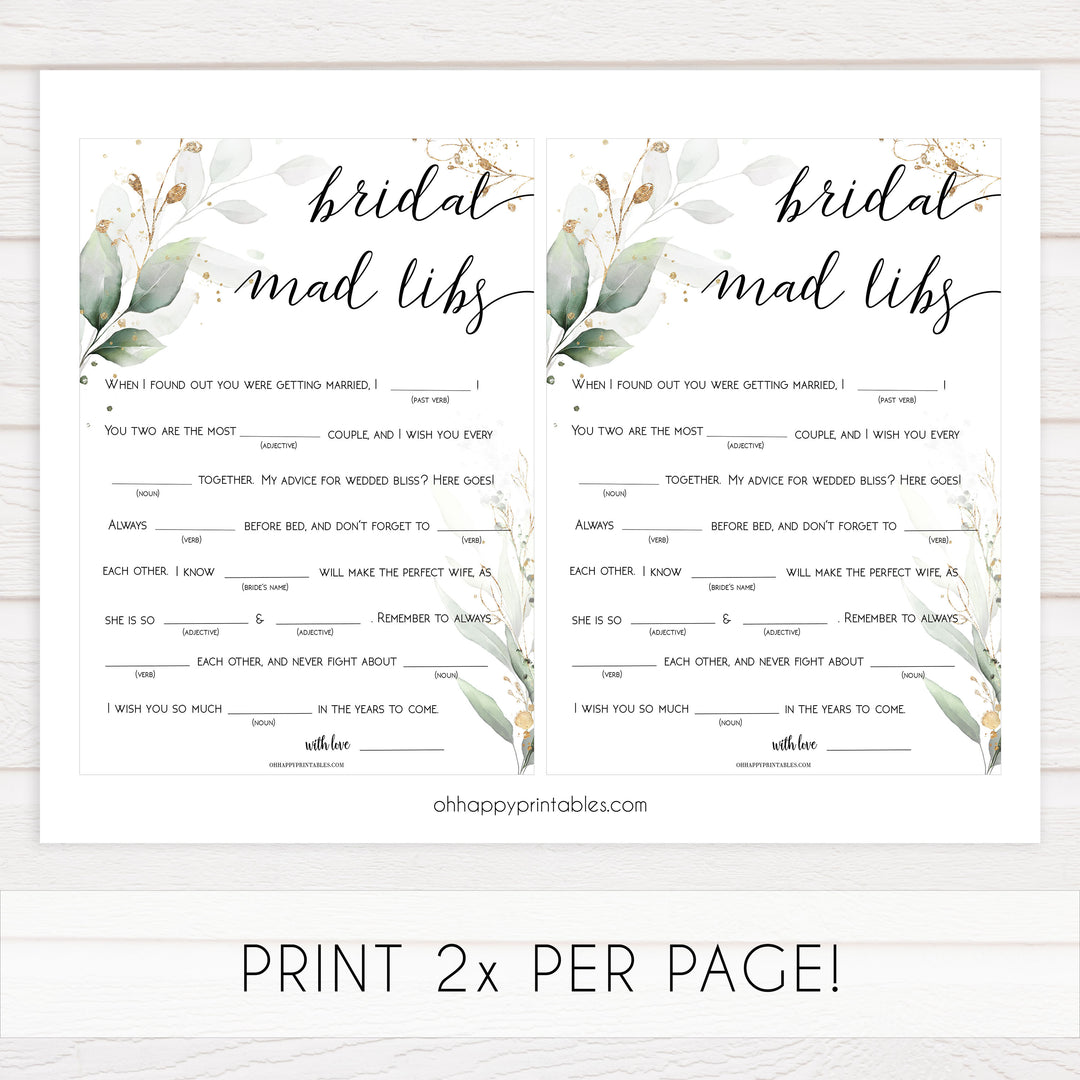 bridal madlibs, madlibs game, Printable bridal shower games, greenery bridal shower, gold leaf bridal shower games, fun bridal shower games, bridal shower game ideas, greenery bridal shower
