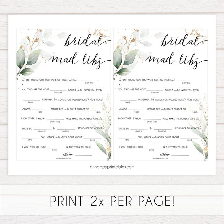 bridal madlibs, madlibs game, Printable bridal shower games, greenery bridal shower, gold leaf bridal shower games, fun bridal shower games, bridal shower game ideas, greenery bridal shower
