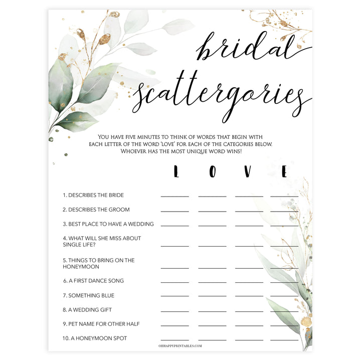 bridal scattergories, Printable bridal shower games, greenery bridal shower, gold leaf bridal shower games, fun bridal shower games, bridal shower game ideas, greenery bridal shower