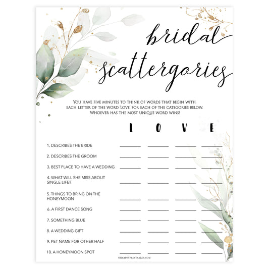 bridal scattergories, Printable bridal shower games, greenery bridal shower, gold leaf bridal shower games, fun bridal shower games, bridal shower game ideas, greenery bridal shower