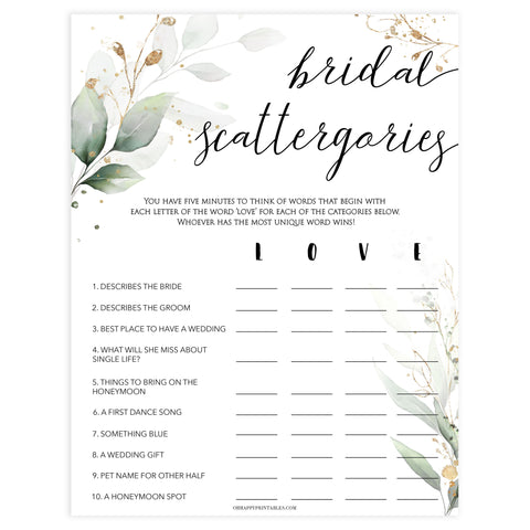 bridal scattergories, Printable bridal shower games, greenery bridal shower, gold leaf bridal shower games, fun bridal shower games, bridal shower game ideas, greenery bridal shower