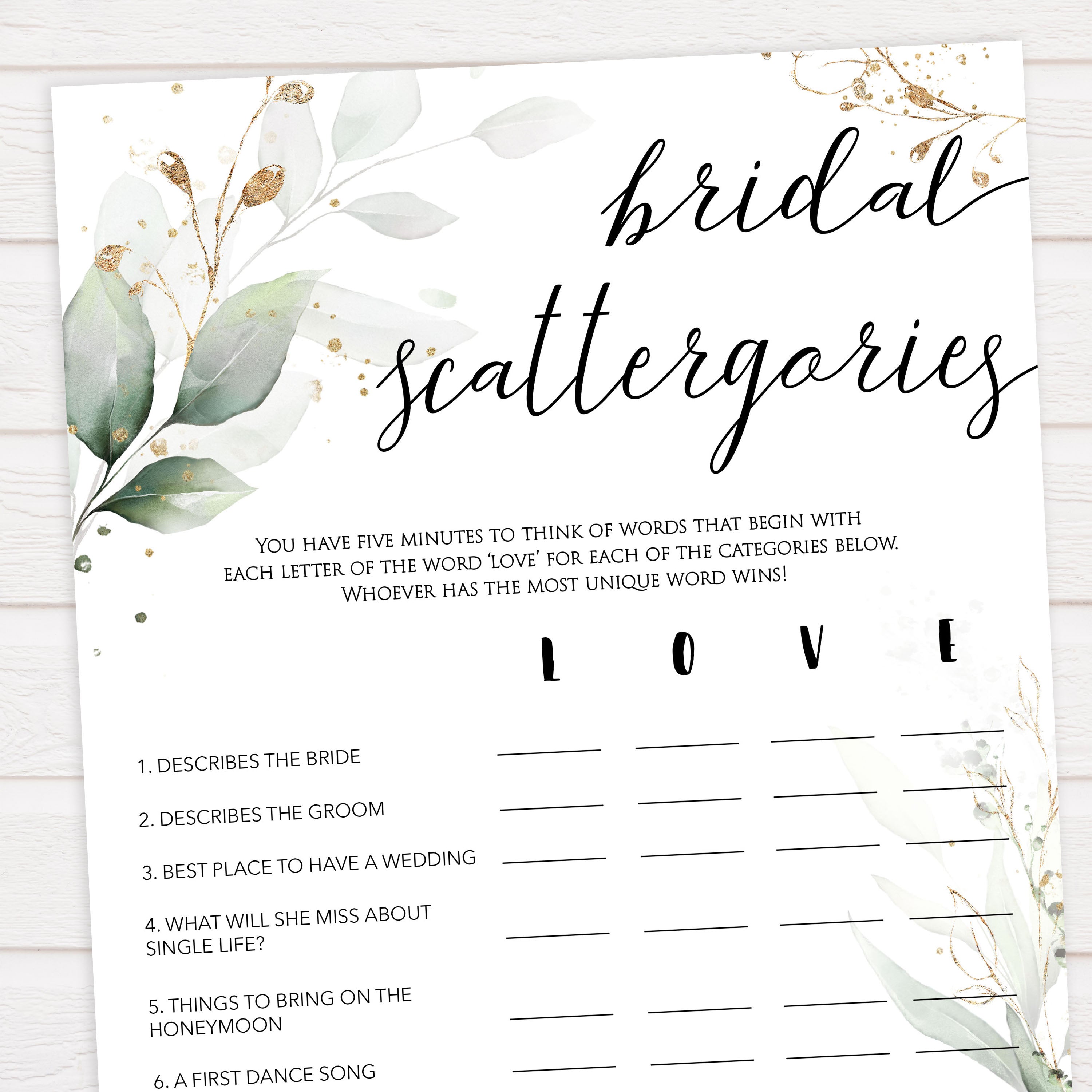 bridal scattergories, Printable bridal shower games, greenery bridal shower, gold leaf bridal shower games, fun bridal shower games, bridal shower game ideas, greenery bridal shower