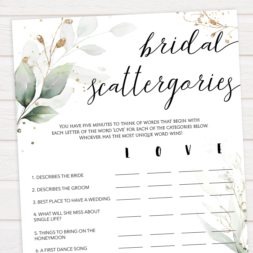 bridal scattergories, Printable bridal shower games, greenery bridal shower, gold leaf bridal shower games, fun bridal shower games, bridal shower game ideas, greenery bridal shower
