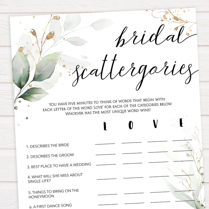 bridal scattergories, Printable bridal shower games, greenery bridal shower, gold leaf bridal shower games, fun bridal shower games, bridal shower game ideas, greenery bridal shower
