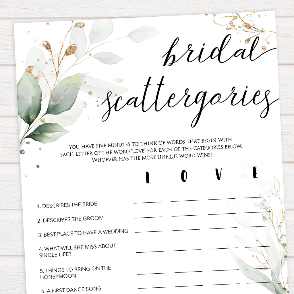 Bridal Scattergories Game - Printable Gold Leaf Bridal Shower Games ...