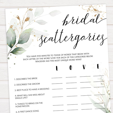 bridal scattergories, Printable bridal shower games, greenery bridal shower, gold leaf bridal shower games, fun bridal shower games, bridal shower game ideas, greenery bridal shower