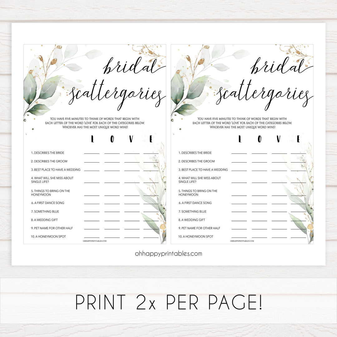 bridal scattergories, Printable bridal shower games, greenery bridal shower, gold leaf bridal shower games, fun bridal shower games, bridal shower game ideas, greenery bridal shower