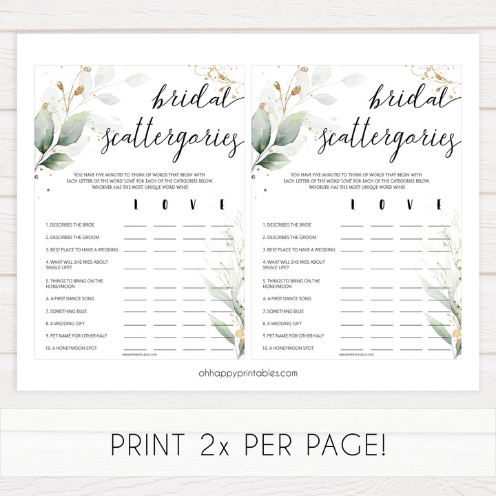 bridal scattergories, Printable bridal shower games, greenery bridal shower, gold leaf bridal shower games, fun bridal shower games, bridal shower game ideas, greenery bridal shower
