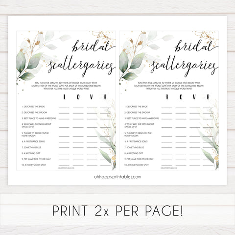bridal scattergories, Printable bridal shower games, greenery bridal shower, gold leaf bridal shower games, fun bridal shower games, bridal shower game ideas, greenery bridal shower