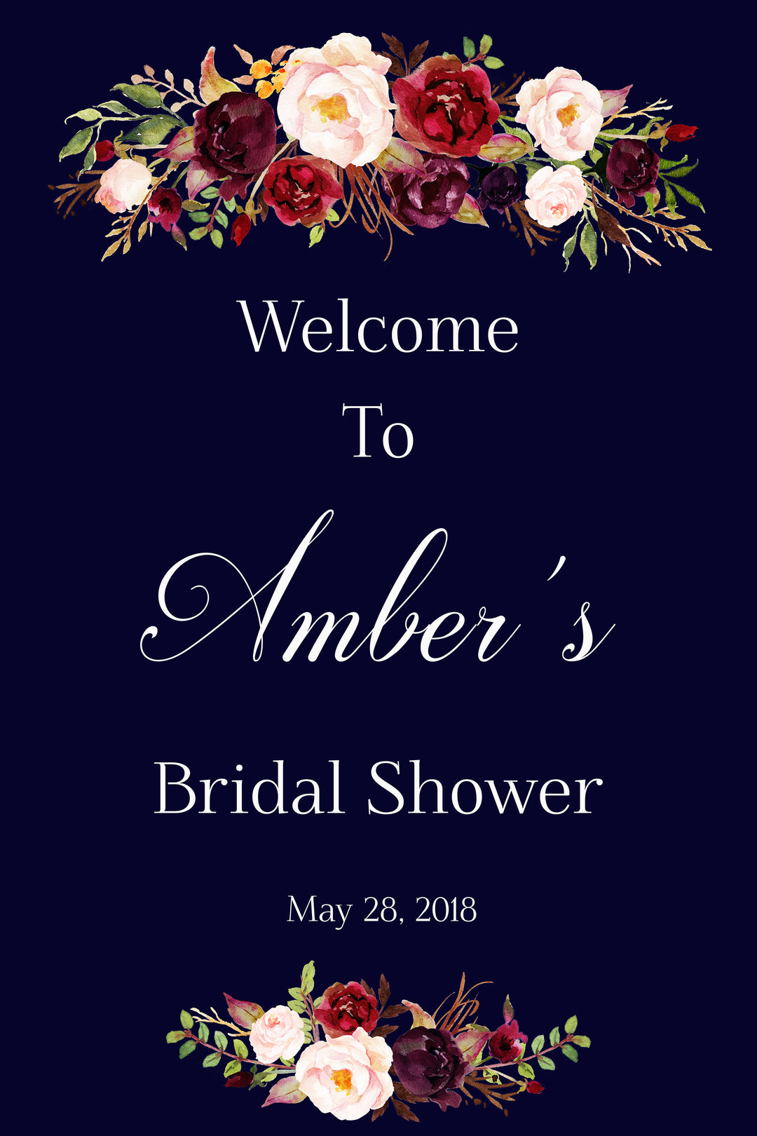 Marsala bridal shower Welcome Sign wedding floral Dark Blue Sign Printable