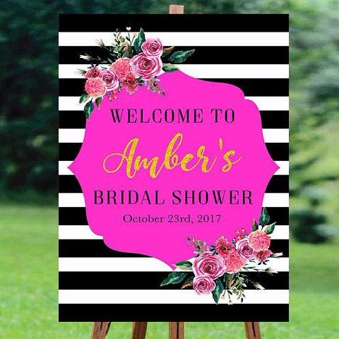 Black and white striped bridal shower welcome sign