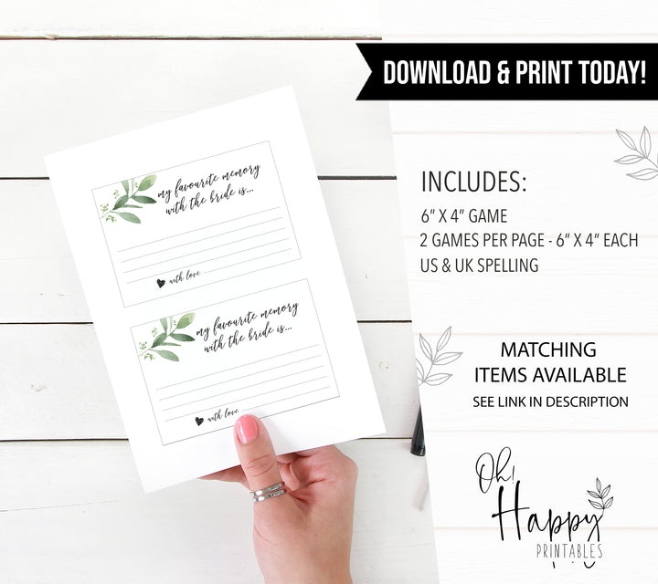 favorite memory with the bride, greenery bridal shower, fun bridal shower games, bachelorette party games, floral bridal games, hen party ideas